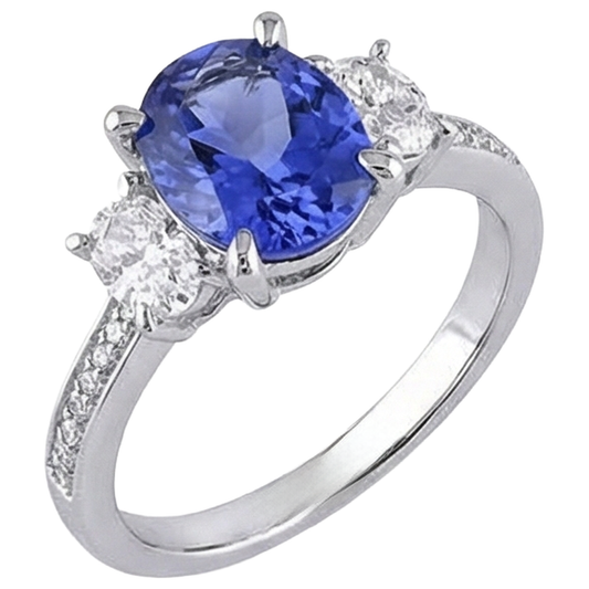Ovalschliff 4,50 ct. Tansanit mit Aus der Erde Abgebauter Natürlicher Diamanten 3-Stein-Stil-Ring 14K