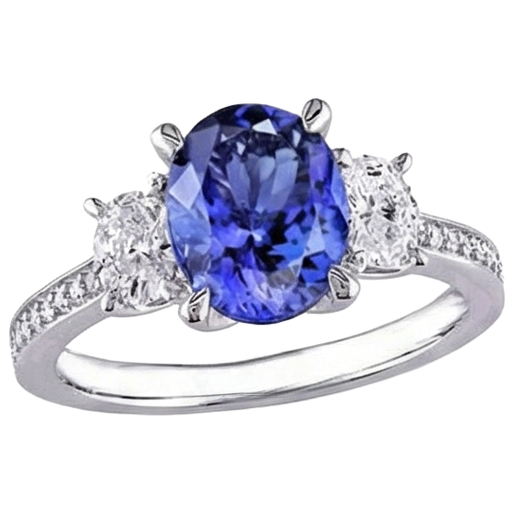 Ovalschliff 4,50 ct. Tansanit mit Aus der Erde Abgebauter Natürlicher Diamanten 3-Stein-Stil-Ring 14K