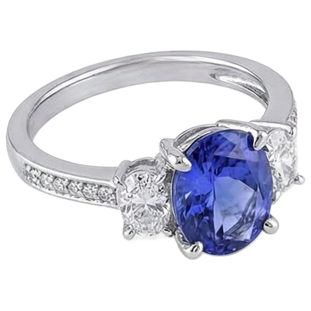 Ovalschliff 4,50 ct. Tansanit mit Aus der Erde Abgebauter Natürlicher Diamanten 3-Stein-Stil-Ring 14K