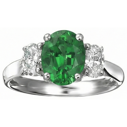 Ovalschliff 6.50 Karat Grün Smaragd Und Aus der Erde Abgebauter Natürlicher Diamanten 3 Steine Ring Weißgold 14K