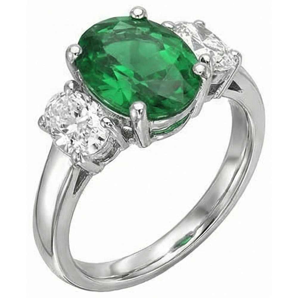 Ovalschliff 6.50 Karat Grün Smaragd Und Aus der Erde Abgebauter Natürlicher Diamanten 3 Steine Ring Weißgold 14K