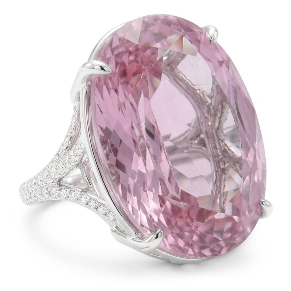 Ovalschliff Rosa Kunzit Aus der Erde Abgebauter Natürlicher Diamant Edelstein Ring 20.50 Kt Weißgold 14K