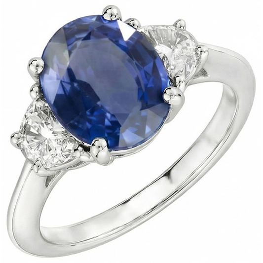 Ovalschliff Sri Lanka Saphir & Aus der Erde Abgebauter Natürlicher Diamant 3 Stein Ring 2 Karat WG 14K