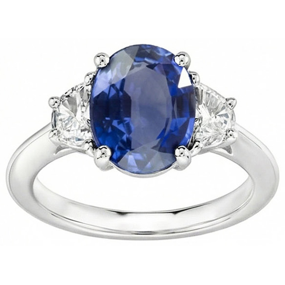 Ovalschliff Sri Lanka Saphir & Aus der Erde Abgebauter Natürlicher Diamant 3 Stein Ring 2 Karat WG 14K