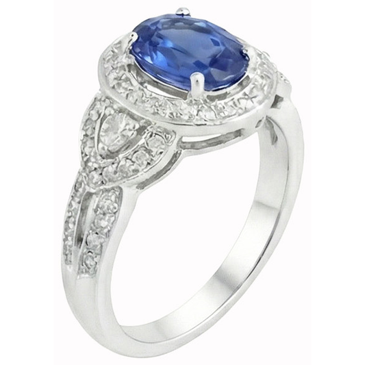 Ovalschliff Sri Lanka Saphir und Aus der Erde Abgebauter Natürlicher Diamant Ring Weißgold 14K 3 Ct