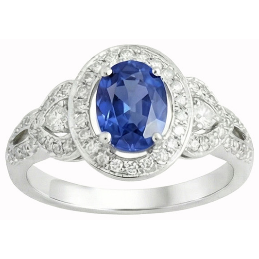 Ovalschliff Sri Lanka Saphir und Aus der Erde Abgebauter Natürlicher Diamant Ring Weißgold 14K 3 Ct