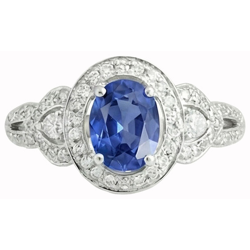 Ovalschliff Sri Lanka Saphir und Aus der Erde Abgebauter Natürlicher Diamant Ring Weißgold 14K 3 Ct