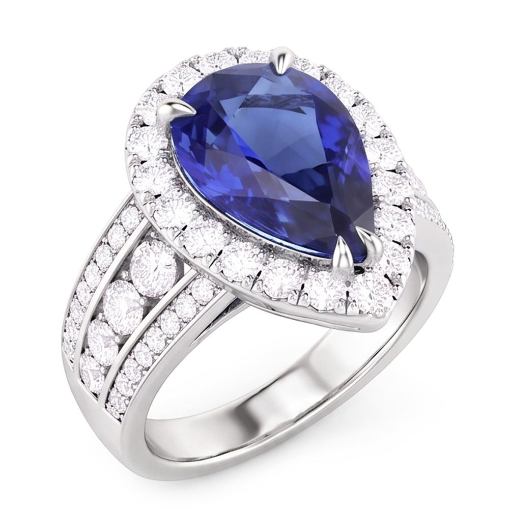 Pear Halo Verlobungsring mit blauem Saphir und Natürlicher Diamant ( nicht im Labor gezüchtet )en 3 Karat