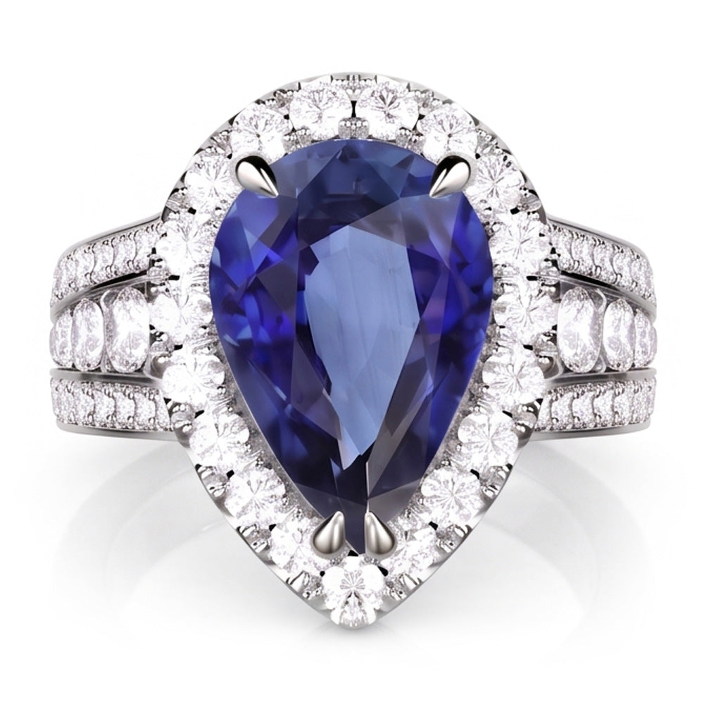 Pear Halo Verlobungsring mit blauem Saphir und Natürlicher Diamant ( nicht im Labor gezüchtet )en 3 Karat