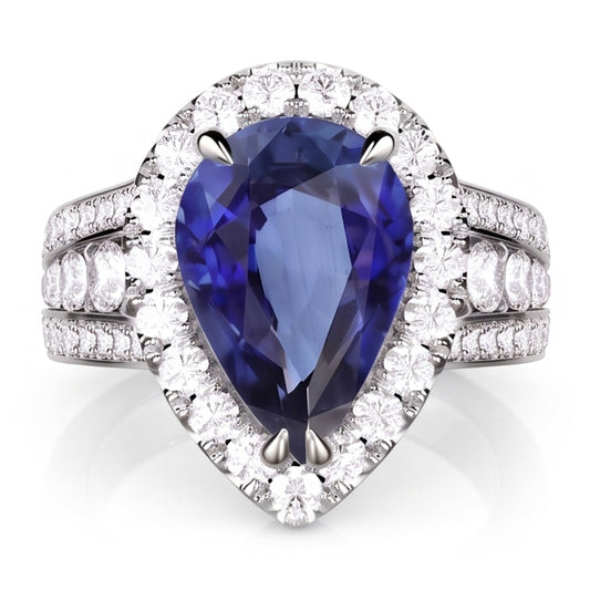 Pear Halo Verlobungsring mit blauem Saphir und Natürlicher Diamant ( nicht im Labor gezüchtet )en 3 Karat