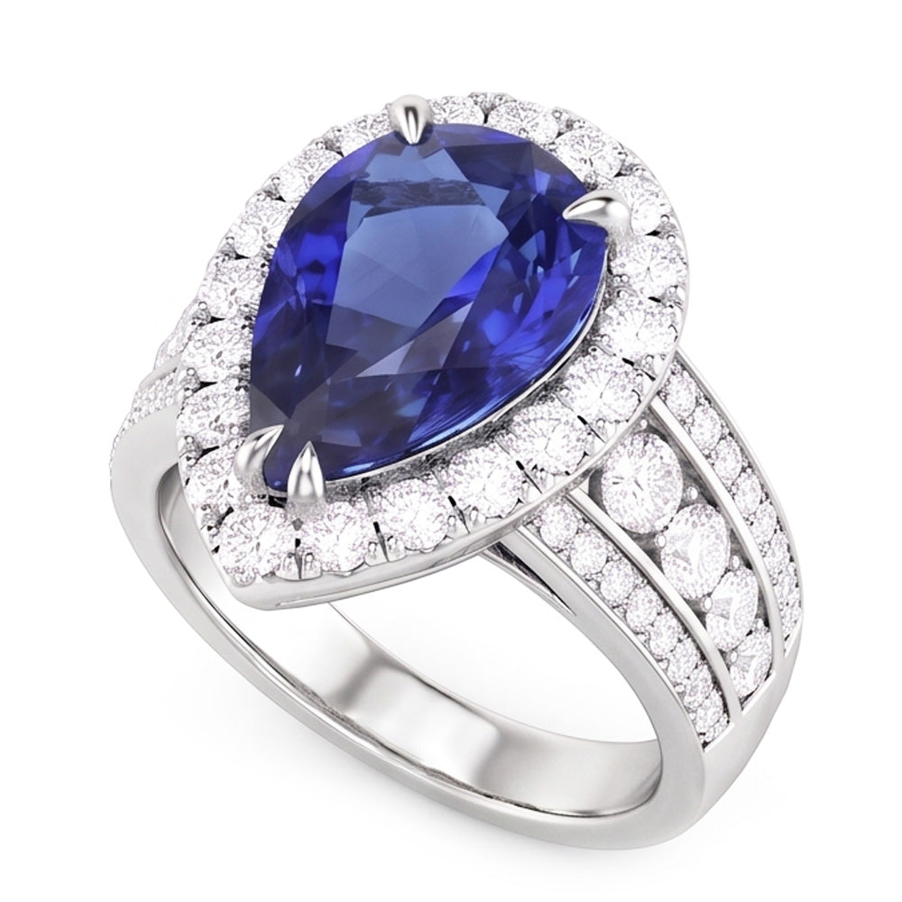Pear Halo Verlobungsring mit blauem Saphir und Natürlicher Diamant ( nicht im Labor gezüchtet )en 3 Karat