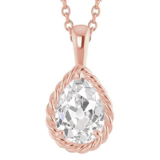 Pear Old Mine Echt Diamant Slide Anhänger mit Kette 3 Karat Roségold 14K