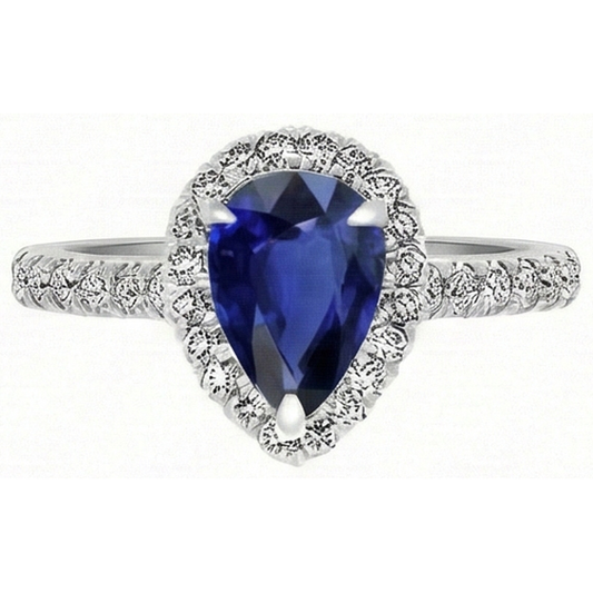 Birnen-Schliff Blauer Saphir Ring in 14K Weißgold – Frontansicht