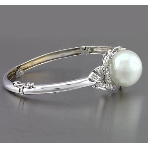 Perlen- und Echt Diamantarmband 20 mm 3 Karat Baguette Rund Weißgold 14K