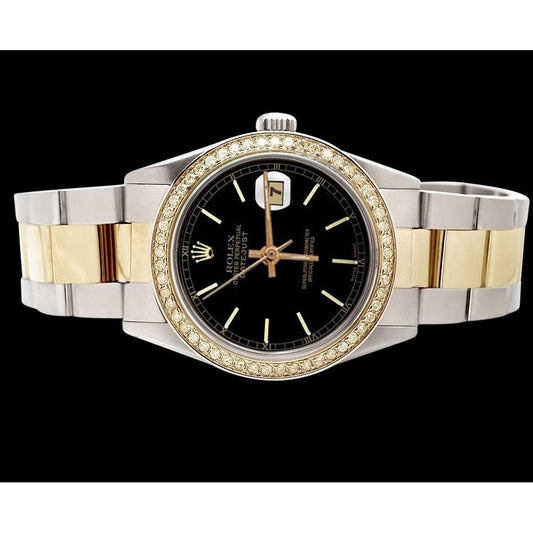 Perpetual Date Just Betrachten Rolex Edelstahl & Gold Schwarz Stick-Zifferblatt SCHNELLES EINSTELLEN