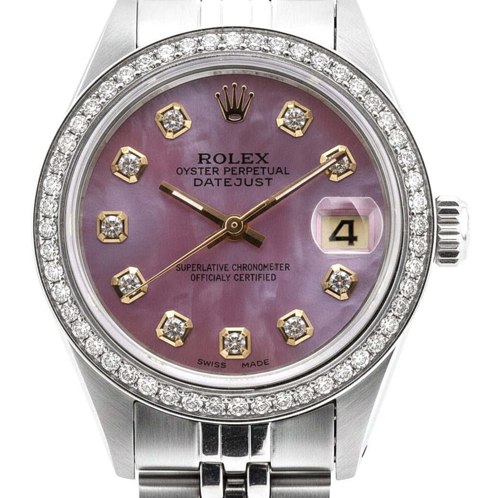 Perpetual Rolex Date Just, burgunderfarbenes Zifferblatt, Lünette, Edelstahl, Jubilee-Damenuhr