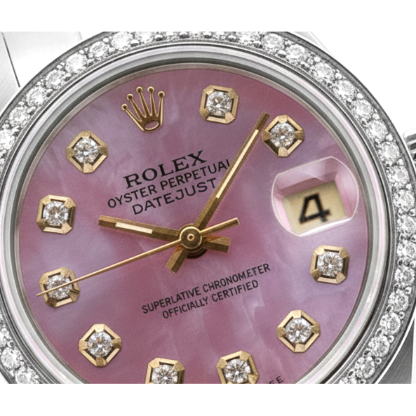 Perpetual Rolex Date Just, burgunderfarbenes Zifferblatt, Lünette, Edelstahl, Jubilee-Damenuhr