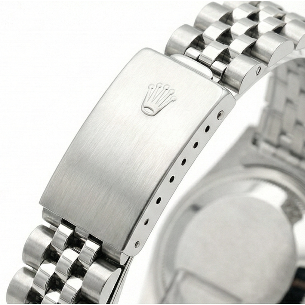 Perpetual Rolex Date Just, burgunderfarbenes Zifferblatt, Lünette, Edelstahl, Jubilee-Damenuhr