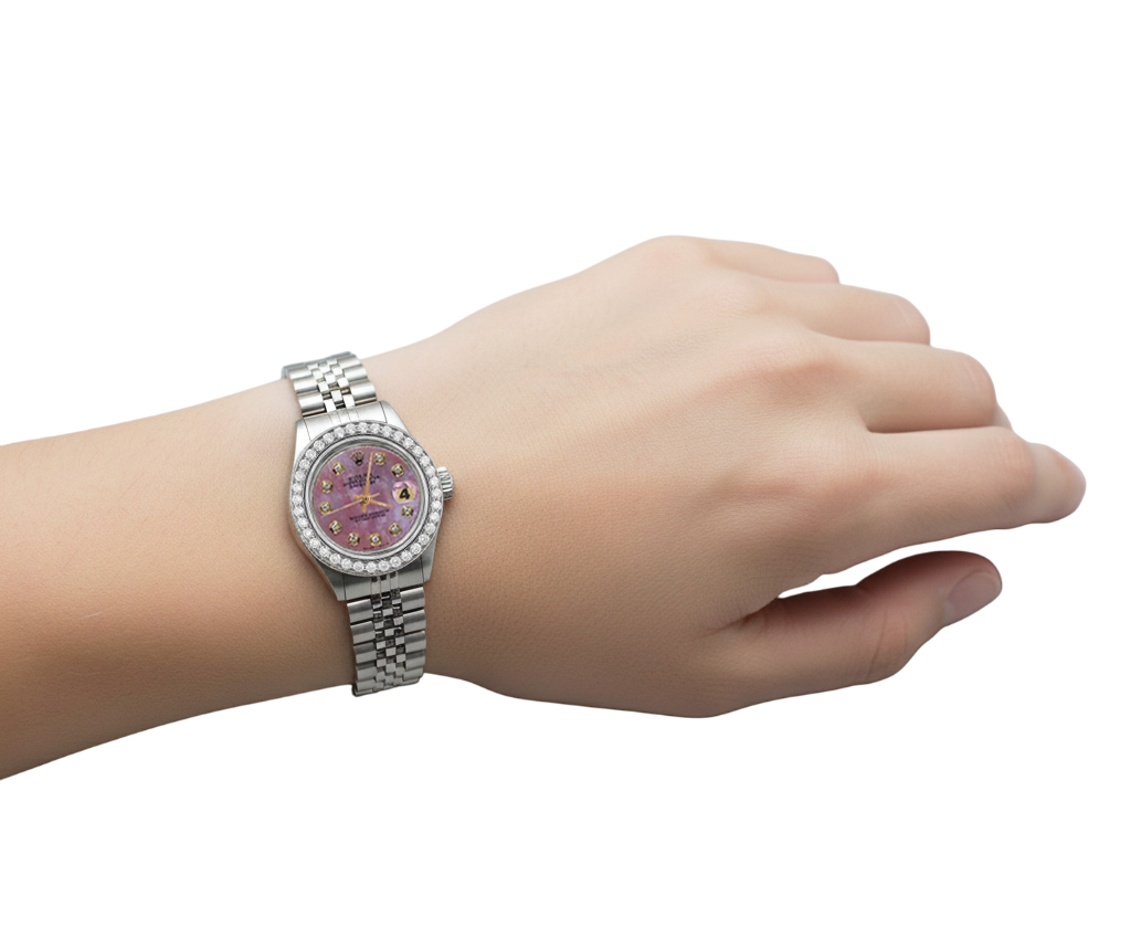 Perpetual Rolex Date Just, burgunderfarbenes Zifferblatt, Lünette, Edelstahl, Jubilee-Damenuhr P2