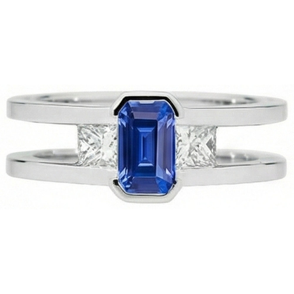 Princess Natürlicher Diamant ( nicht im Labor gezüchtet ) 3 Stone Smaragd Saphir Ring Split Shank 1,25 Karat