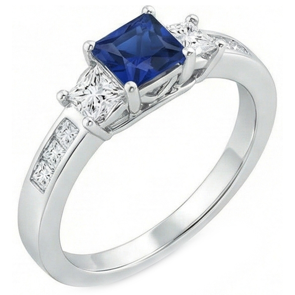 Princess Cut 2,85 ct Saphir und Aus der Erde Abgebauter Natürlicher Diamanten Ehering Weißgold 14K