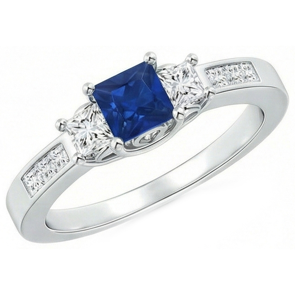 Princess Cut 2,85 ct Saphir und Aus der Erde Abgebauter Natürlicher Diamanten Ehering Weißgold 14K