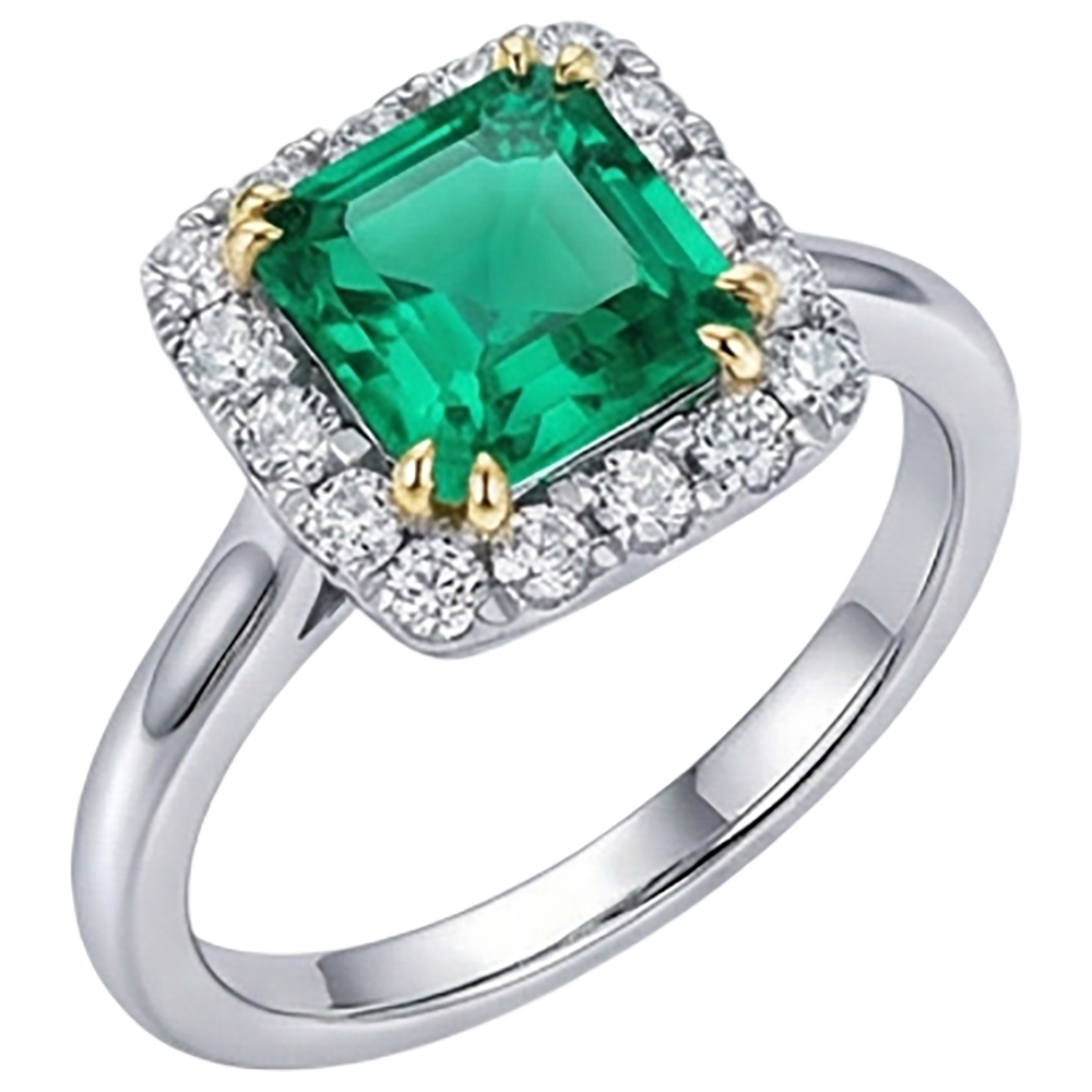 Schmuckstein-Ring 14 Karat Zweifarbig Gold mit Kolumbianischer Smaragd – Schrägansicht
