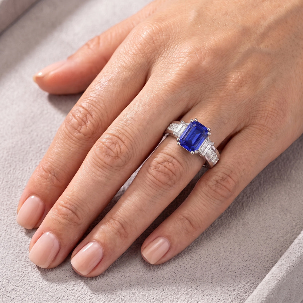 Princess & Emerald Natürlicher Diamant ( nicht im Labor gezüchtet ) Blue Saphir Jubiläumsring 3 Karat