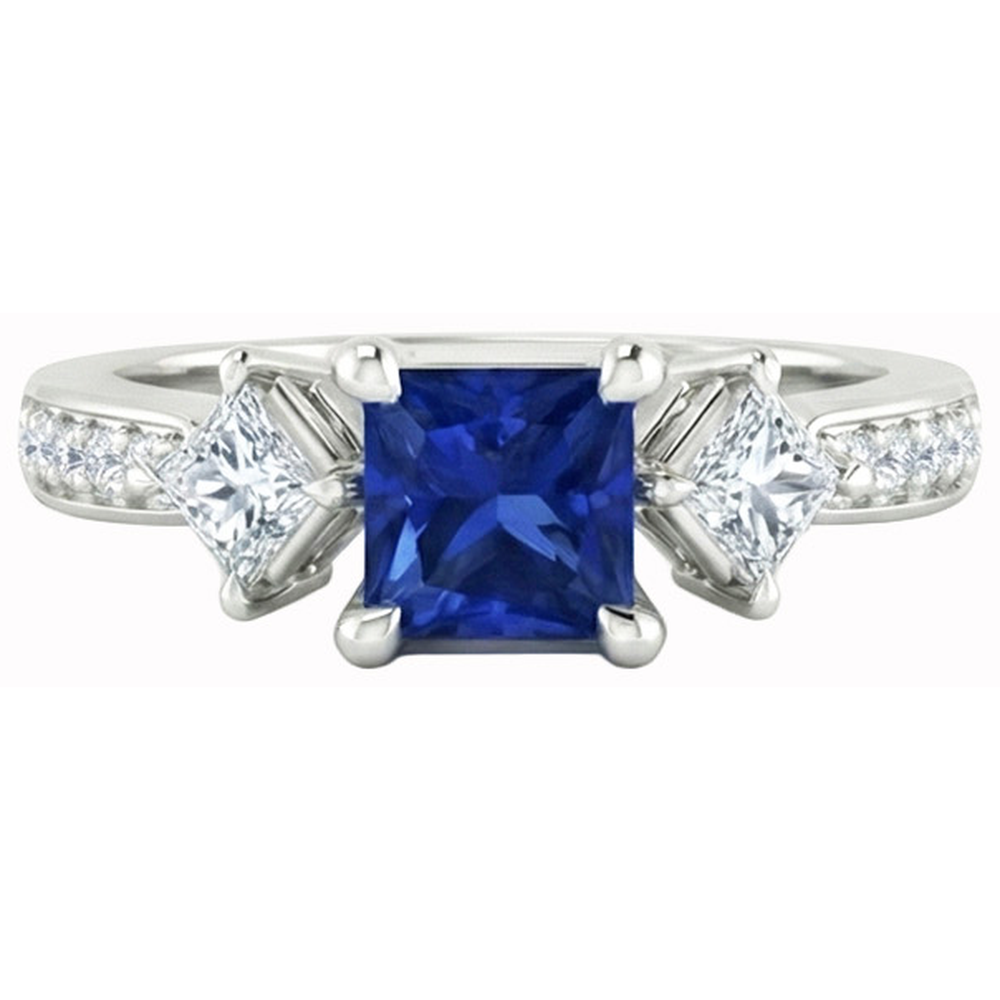 Prinzessin Runden Aus der Erde Abgebauter Natürlicher Diamant Ceylon Saphir Ring 2.50 Karat Weißgold 14K