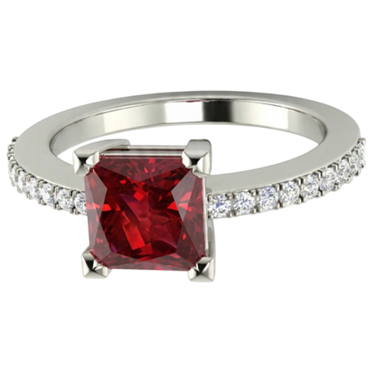 Prinzessin und Rundschliff 3.45 ct. Rubin und Aus der Erde Abgebauter Natürlicher Diamanten Ring Weißgold 14K