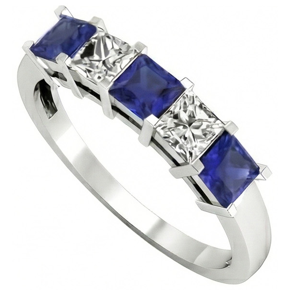 Prinzessinnenschnitt Ceylon Saphir Aus der Erde Abgebauter Natürlicher Diamanten 5 Steine Ring 1.75 Ct