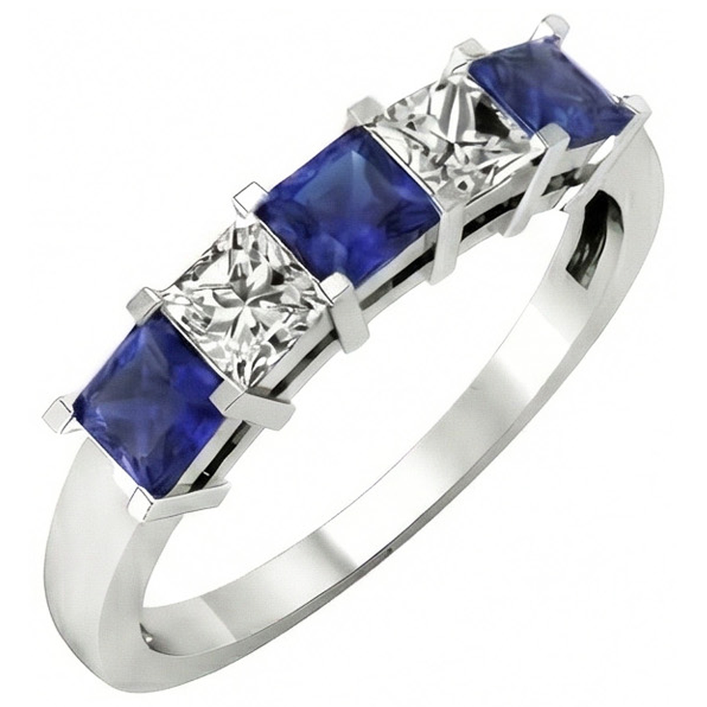 Prinzessinnenschnitt Ceylon Saphir Aus der Erde Abgebauter Natürlicher Diamanten 5 Steine Ring 1.75 Ct