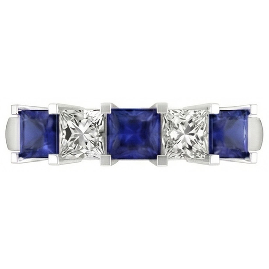 Prinzessinnenschnitt Ceylon Saphir Aus der Erde Abgebauter Natürlicher Diamanten 5 Steine Ring 1.75 Ct