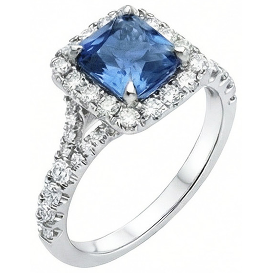 Radiant Cut Ceylon Saphir & runder Aus der Erde Abgebauter Natürlicher Diamantring 3 Kt. Weißgold 14K