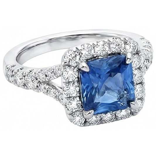 Radiant Cut Ceylon Saphir & runder Aus der Erde Abgebauter Natürlicher Diamantring 3 Kt. Weißgold 14K