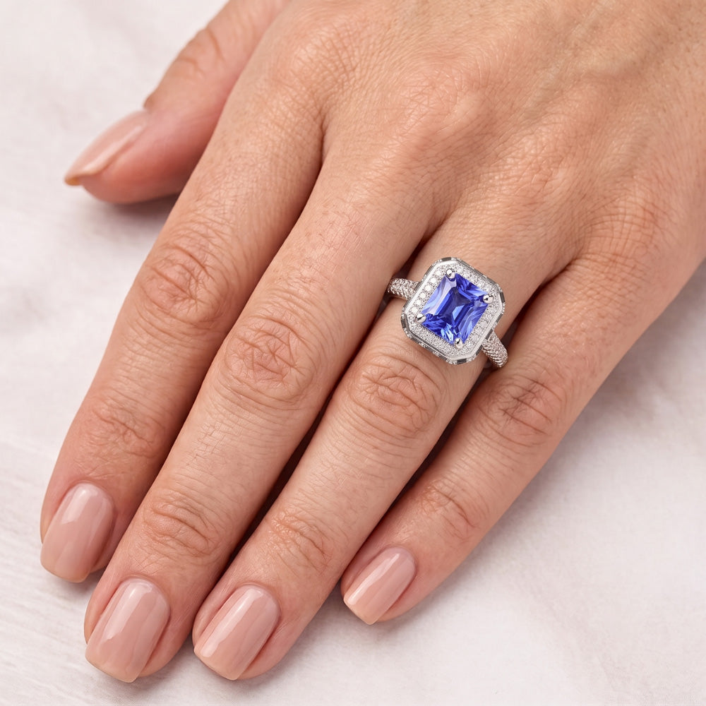 Radiant Halo Ceylon Saphir Natürlicher Diamant ( nicht im Labor gezüchtet )ring 3,50 Karat Weißgold