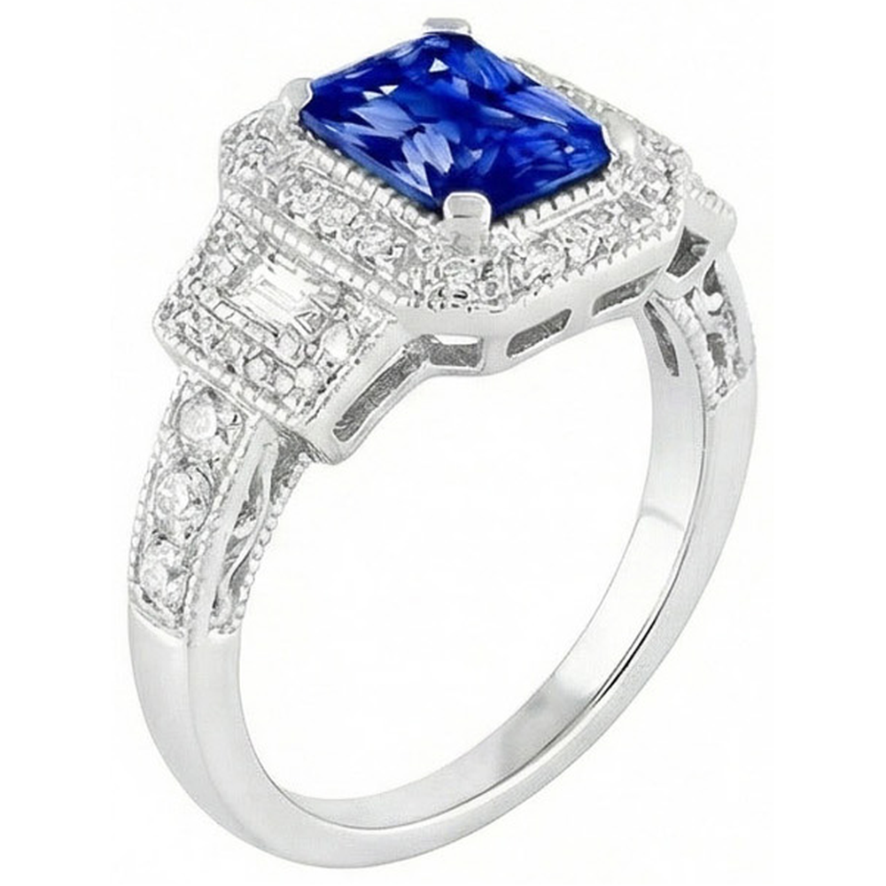 Radiant Halo Ring Antik-Stil Blauer Saphir & Natürlicher Diamant ( nicht im Labor gezüchtet )en 3 Karat