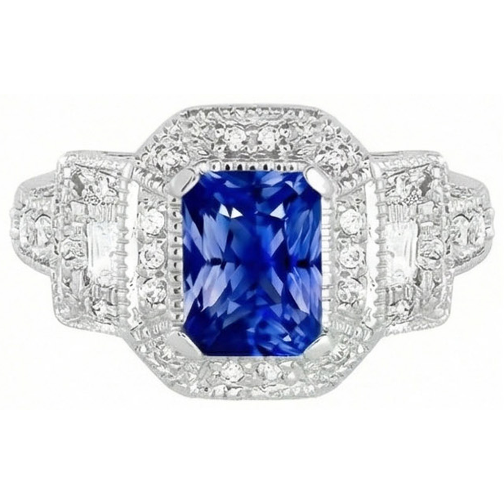 Radiant Halo Ring Antik-Stil Blauer Saphir & Natürlicher Diamant ( nicht im Labor gezüchtet )en 3 Karat