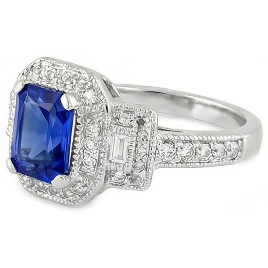 Radiant Halo Ring Antik-Stil Blauer Saphir & Natürlicher Diamant ( nicht im Labor gezüchtet )en 3 Karat
