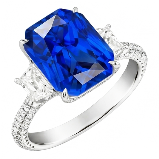 Radiant Natürlicher Diamant ( nicht im Labor gezüchtet ) 3 Stone Saphir Ring mit Akzenten 4,50 Karat Gold