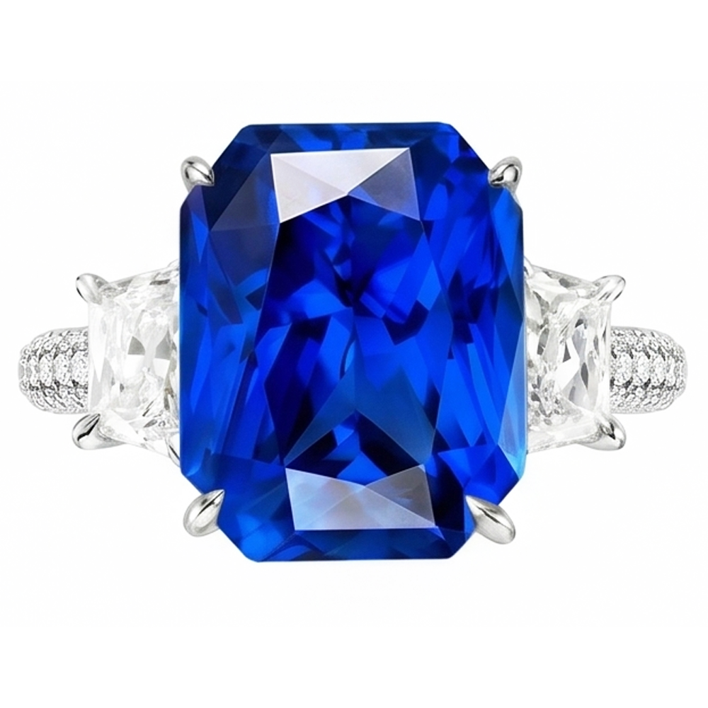 Radiant Natürlicher Diamant ( nicht im Labor gezüchtet ) 3 Stone Saphir Ring mit Akzenten 4,50 Karat Gold