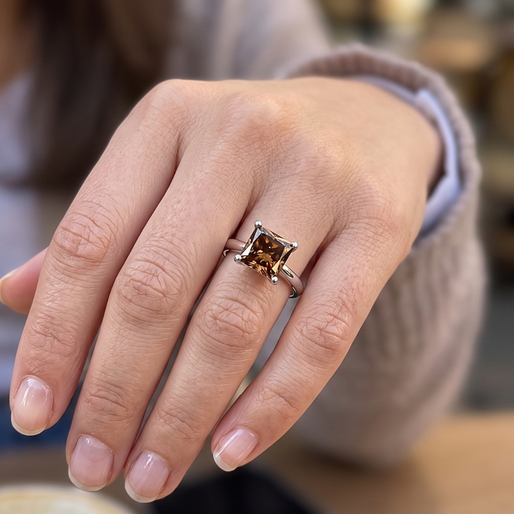 Riesiger Champagner-Edelstein-Verlobungsring mit 3 Kt Aus der Erde Abgebauter Natürlicher Diamant im Radiant Cut