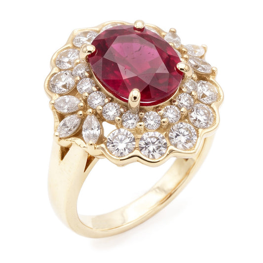 Ring 6,75 Karat Roter Turmalin Und Weiße Aus der Erde Abgebauter Natürlicher Diamanten Weißgold 14K