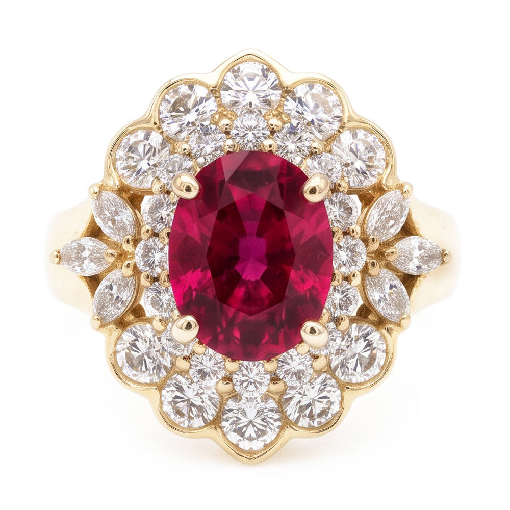 Ring 6,75 Karat Roter Turmalin Und Weiße Aus der Erde Abgebauter Natürlicher Diamanten Weißgold 14K
