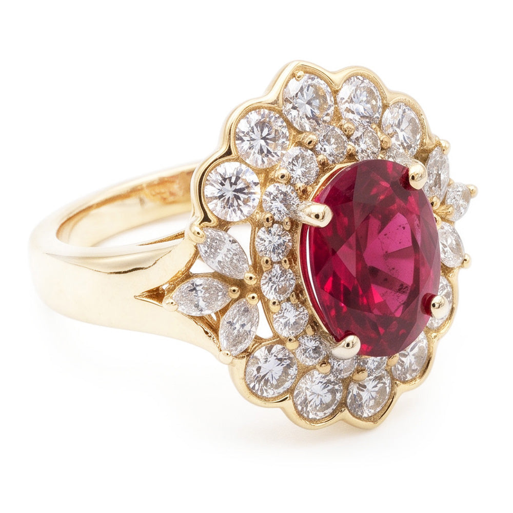 Ring 6,75 Karat Roter Turmalin Und Weiße Aus der Erde Abgebauter Natürlicher Diamanten Weißgold 14K