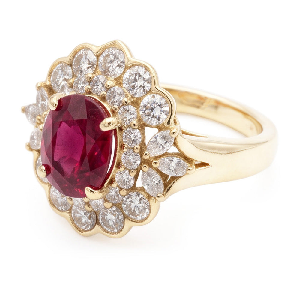 Ring 6,75 Karat Roter Turmalin Und Weiße Aus der Erde Abgebauter Natürlicher Diamanten Weißgold 14K