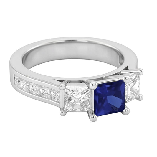 Ring Prinzessinnenschnitt 3.50 ct Ceylon Saphir und Aus der Erde Abgebauter Natürlicher Diamanten Weißgold 14K