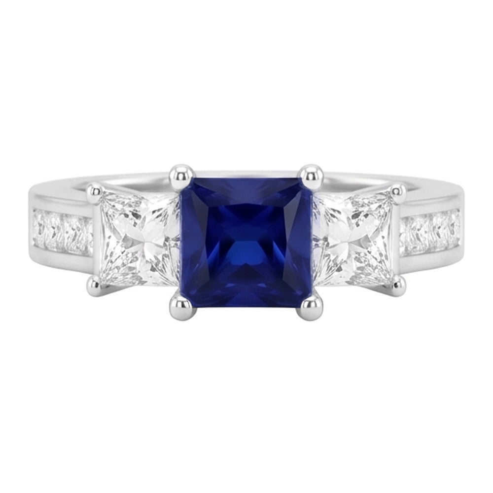 Ring Prinzessinnenschnitt 3.50 ct Ceylon Saphir und Aus der Erde Abgebauter Natürlicher Diamanten Weißgold 14K