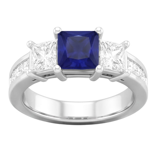 Ring Prinzessinnenschnitt 3.50 ct Ceylon Saphir und Aus der Erde Abgebauter Natürlicher Diamanten Weißgold 14K