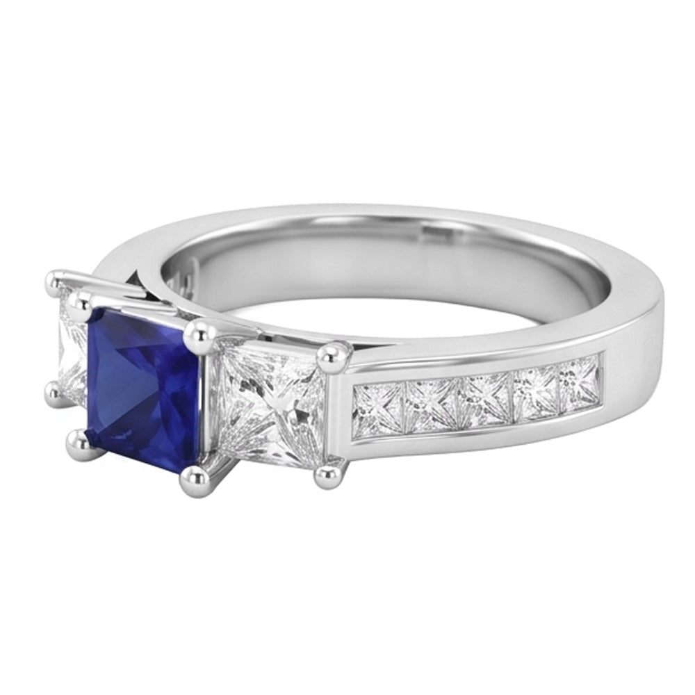Ring Prinzessinnenschnitt 3.50 ct Ceylon Saphir und Aus der Erde Abgebauter Natürlicher Diamanten Weißgold 14K